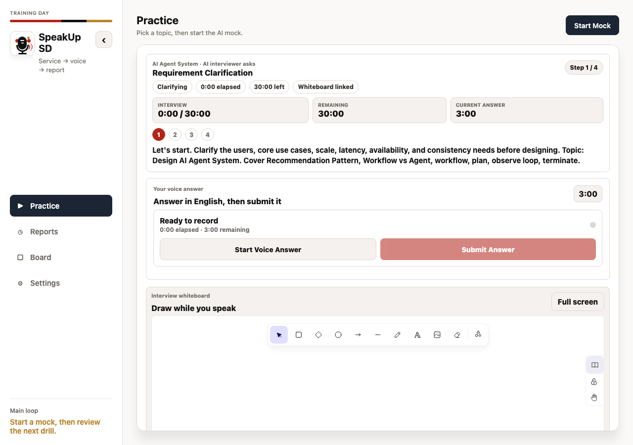 SpeakUp SD active AI interview workspace with timer and whiteboard.