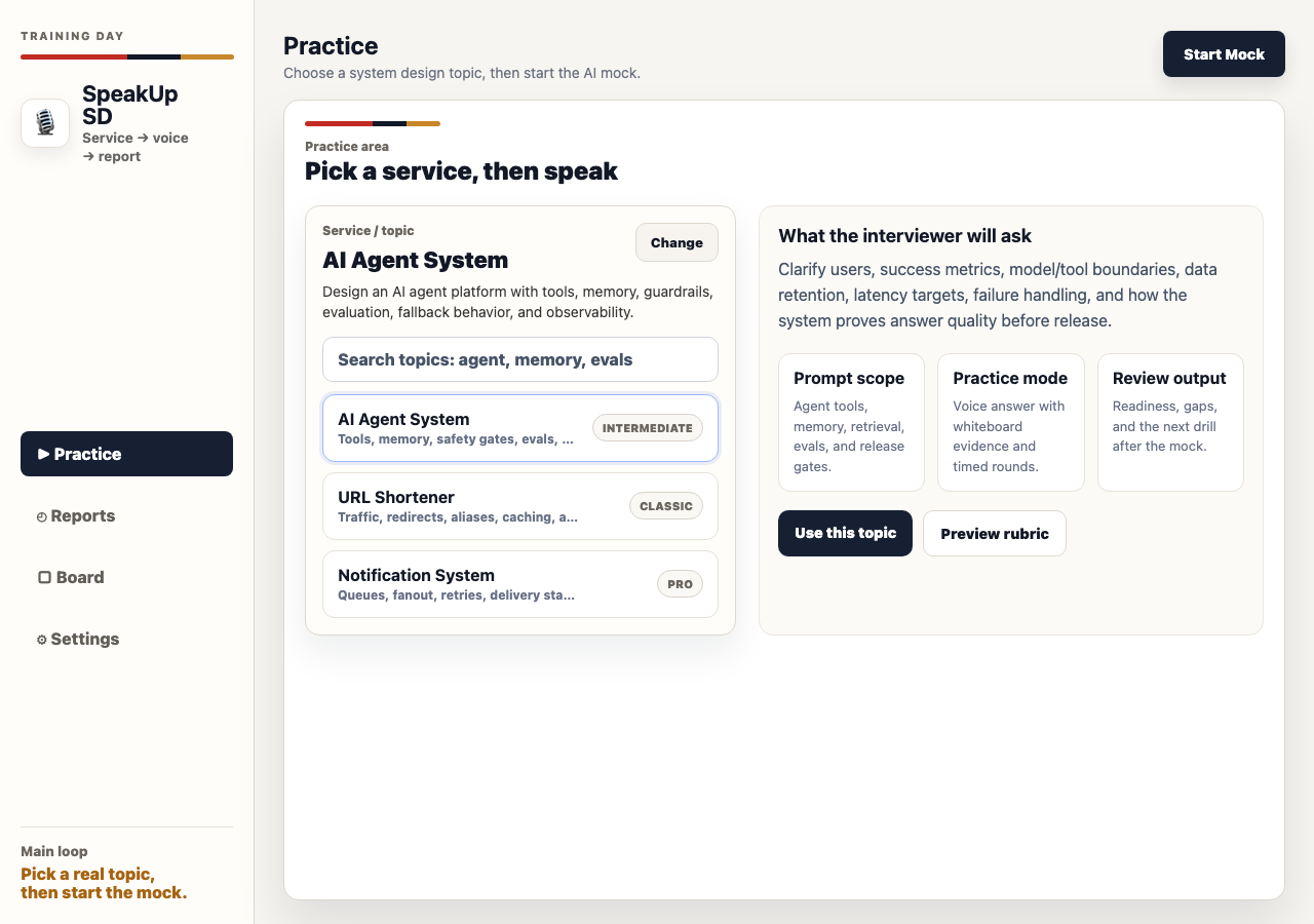 Clean SpeakUp SD topic selection screen for AI Agent System practice.